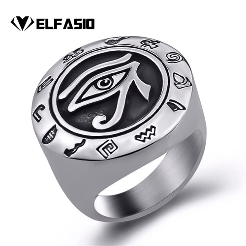 ELFASIO 316L Stainless Steel Egyptian Eye of Horus / Ra Theme Ring - Unisex, Men, Women