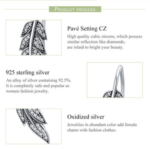 BAMOER Vintage 925 Sterling Silver Feather Wings / Leafs Theme Long Drop Earrings - Ladies / Women's, CZ