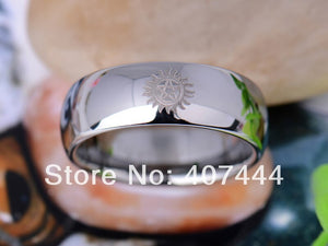 YGK Classic Tungsten Carbide, Silver, Supernatural Logo Themed Dome Ring - Unisex, Men's, Women's