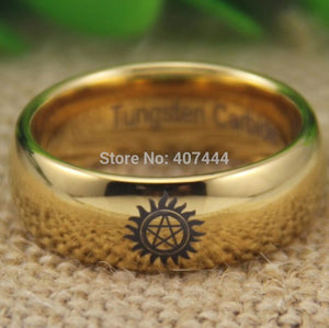 YGK Classic Tungsten Carbide, Gold, Supernatural Logo Themed Dome Ring - Unisex, Men's, Women's
