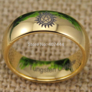 YGK Classic Tungsten Carbide, Gold, Supernatural Logo Themed Dome Ring - Unisex, Men's, Women's
