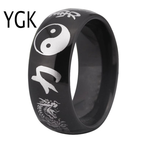 Tungsten Carbide, Ying & Yang, Tai Chi, Kanji Dragon Themed Ring - Unisex