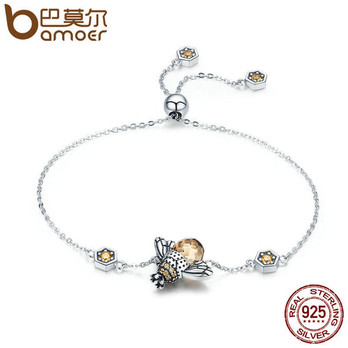 BAMOER 925 Sterling Silver Dancing Honey Bee Theme Adjustable Ladies / Women's Bracelet - CZ / Glass