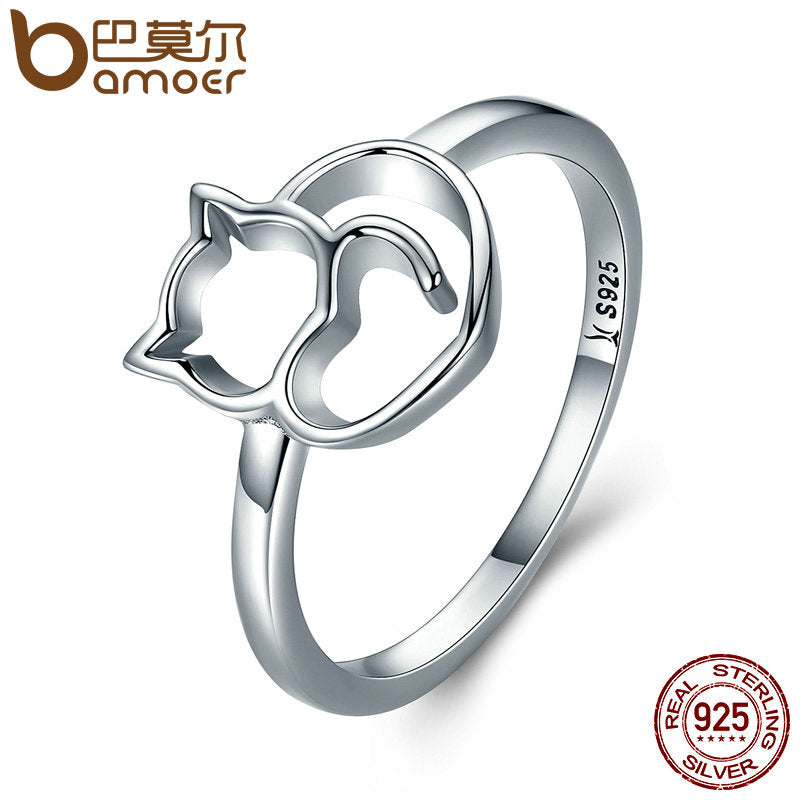 BAMOER Beautiful / Cute 925 Sterling Silver Cat & Heart Themed Ladies / Women's Ring