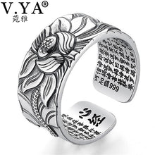 V.YA Vintage 999 Pure Sterling Silver Buddhism Themed Ring - Men's / Gents, Lotus Flower, Sutra, Re-sizable