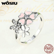 WOSTU 925 Sterling Silver Pink Cherry Blossom & Daisy Flower Theme Ring for Women / Cubic Zirconia
