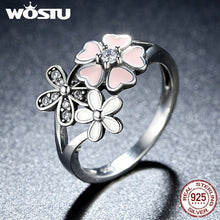 WOSTU 925 Sterling Silver Pink Cherry Blossom & Daisy Flower Theme Ring for Women / Cubic Zirconia
