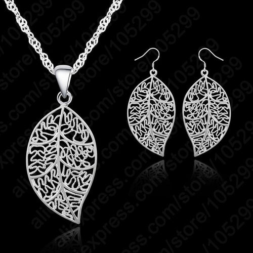 JEXXY 925 Sterling Silver Leaves Themed Jewellery Set - Hook Earrings & Pendant Necklace