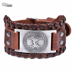 MY SHAPE Vintage Tree of Life Theme Antique Style Leather Wrap Bracelet - Unisex, Viking, Norse