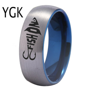YGK Trendy Tungsten Carbide "FISH ON" Surfer / Sports Style Ring - Unisex, Men's, Women's