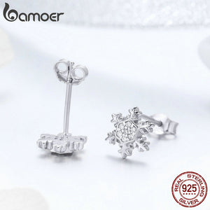 BAMOER 925 Sterling Silver Winter Snowflake theme Stud Earrings - Ladies / Women's, Platinum Plated, Cubic Zirconia