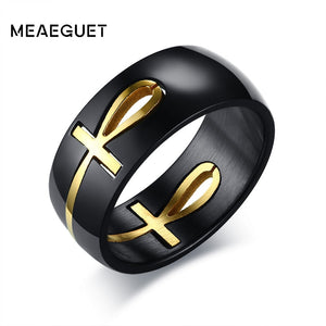 MEAEGUET Separable Egyptian Ankh Cross Themed 316L Stainless Steel Ring - Men's / Gents, Black and Gold
