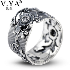 V.YA 999 Sterling Silver Vintage / Retro Peony Flower Themed Adjustable Ring - Ladies / Women