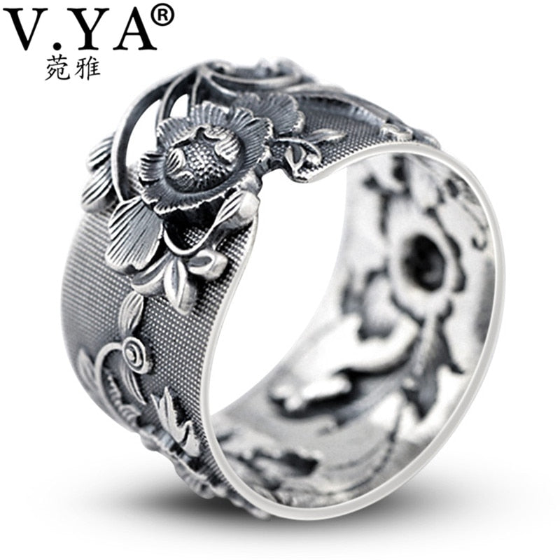 V.YA 999 Sterling Silver Vintage / Retro Peony Flower Themed Adjustable Ring - Ladies / Women