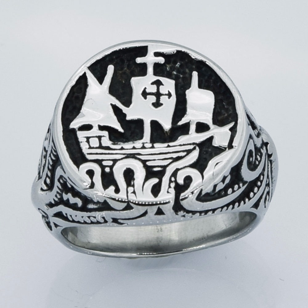 FANSSTEEL Vintage Stainless Steel Sailing Ship & Kraken / Maritime Theme Ring - Men's / Gents