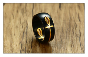 MEAEGUET Separable Egyptian Ankh Cross Themed 316L Stainless Steel Ring - Men's / Gents, Black and Gold