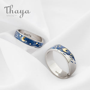 THAYA 925 Sterling Silver Vincent van Gogh "The Starry Night" Themed Couples Rings - Men / Women, Enamel